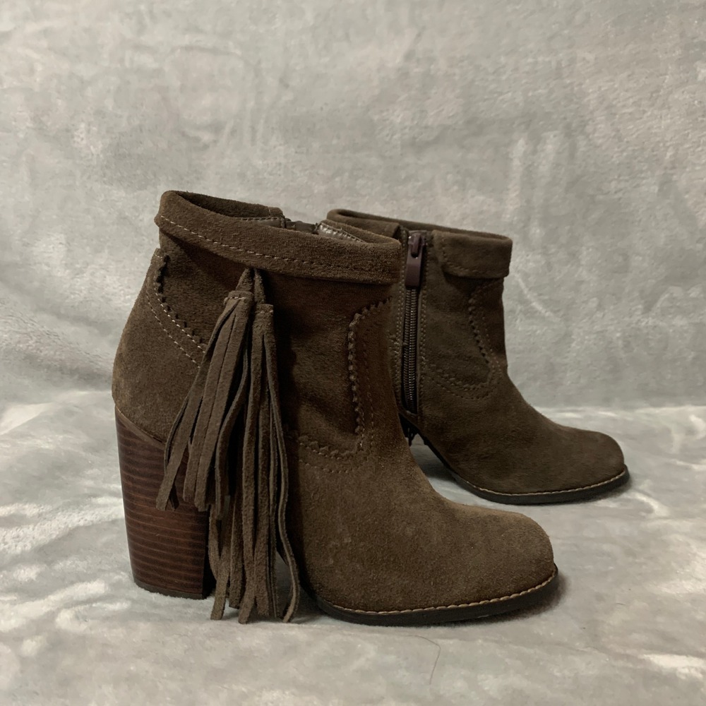 Sbicca‎ Women's Ankle Boots Size 6 Olive Brown Suede Fringe Block Heel